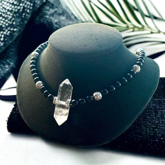 Made to order . Genuine clear crystal quartz & black agate gemstone beads - Picture 3 of 15